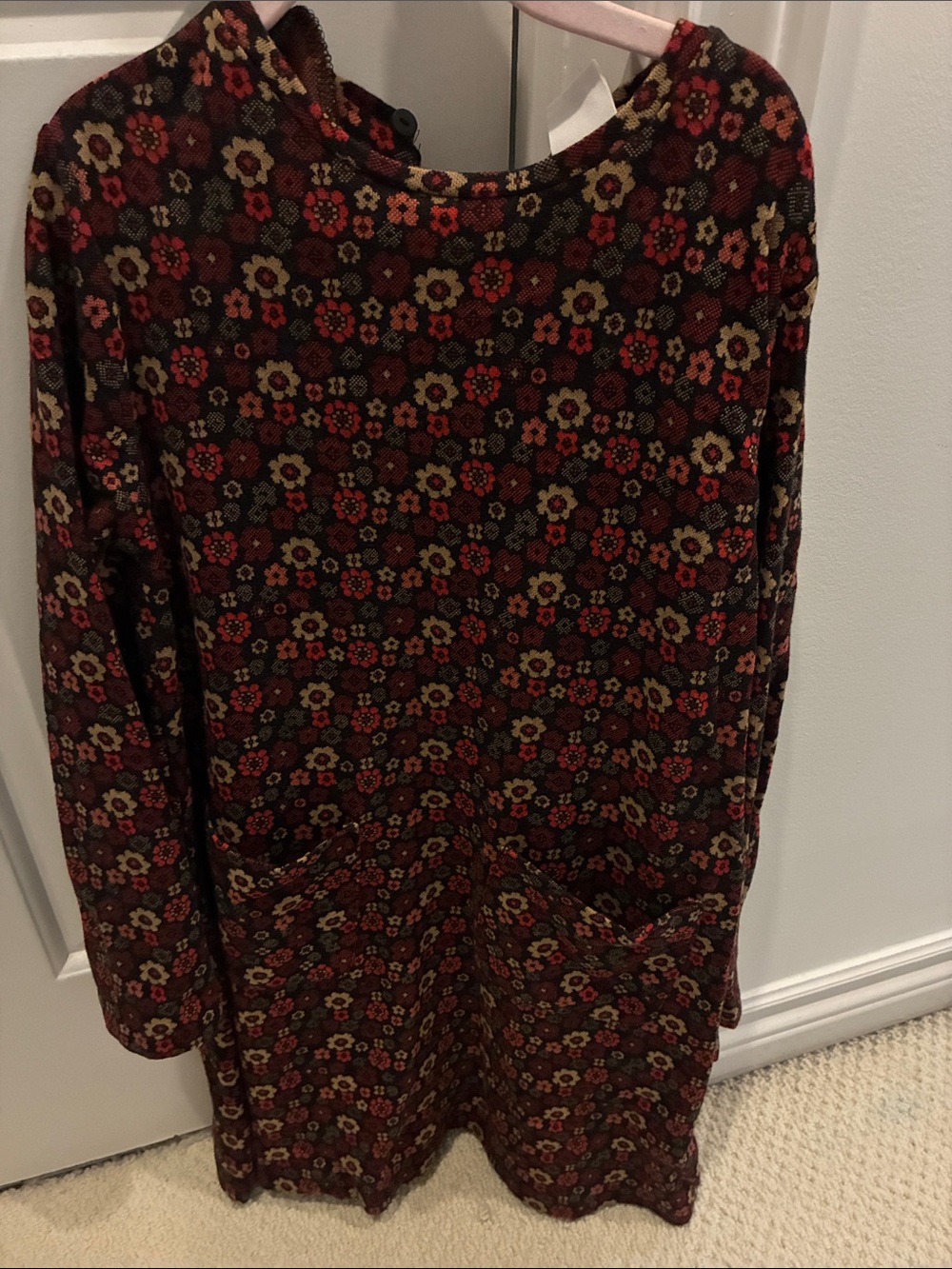 Zara Kids Floral Long-Sleeve Shift Dress in Burgundy, Olive & Black